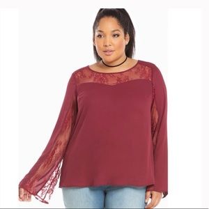 Torrid Plus Size Lace Blouse Burgundy Sheer Sleeve Elegant Dressy Top Size 4X